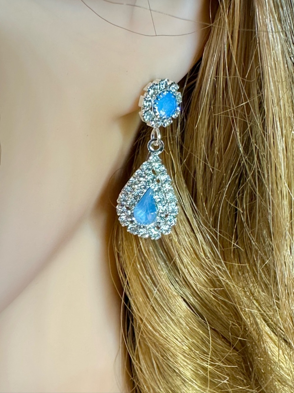 Ice Blue Crystal Necklace & Earrings Set Silver Tone | Bridal Prom Formal - Picture 9 of 15